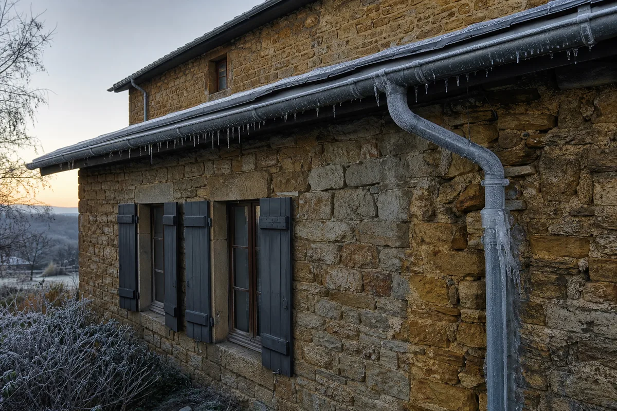Façade de maison en pierre dorée du Beaujolais sous une lumière d’hiver, gouttière et descente d’eau apparentes givrées