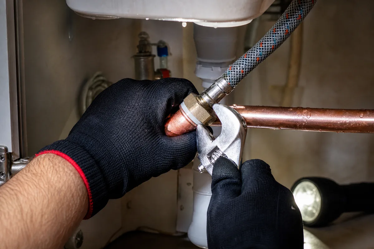 Mains gantées d&rsquo;un plombier resserrant un raccord de cuivre sous un évier, joint neuf et clé à molette, faisceau de lampe torche