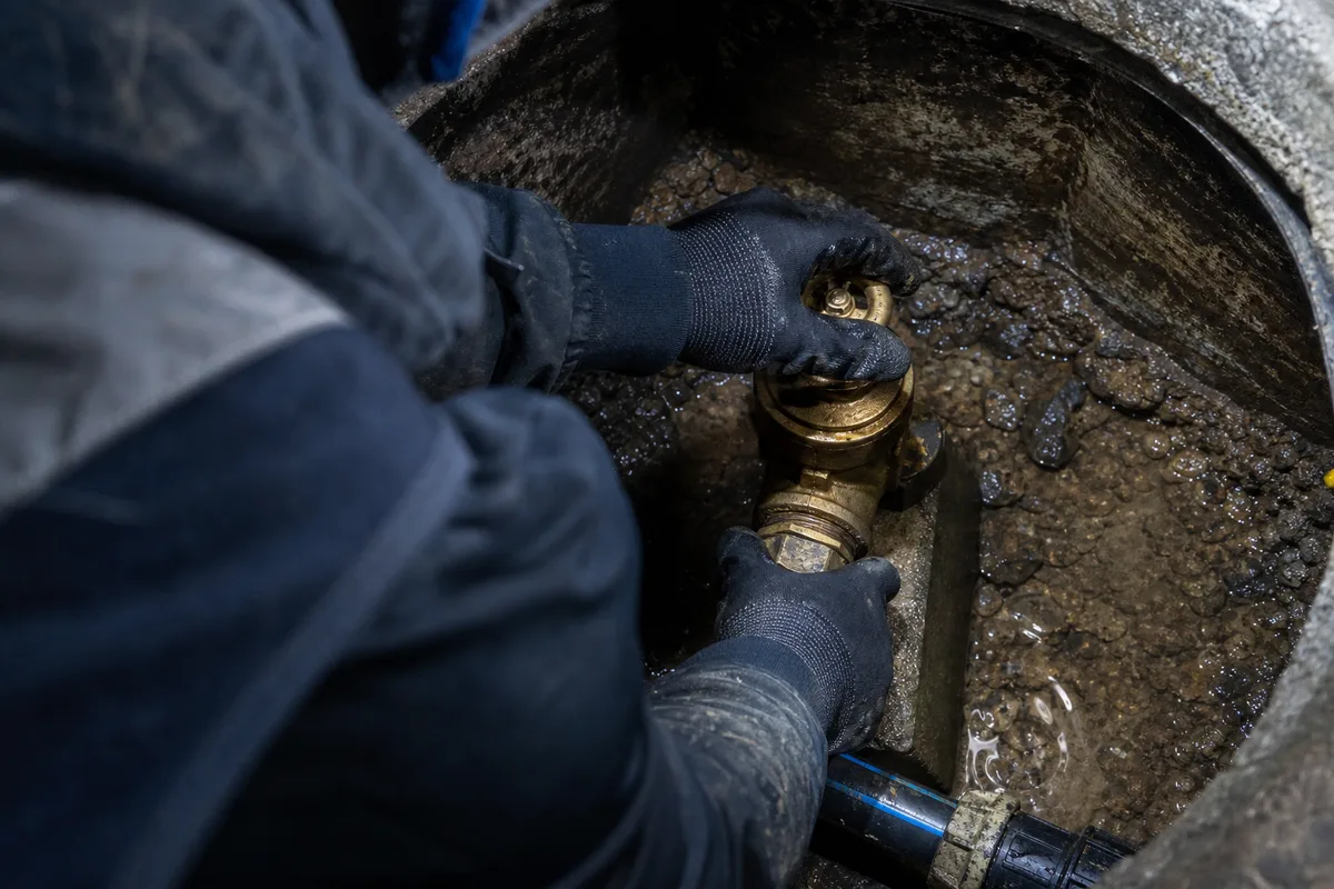 Mains gantées fermant un robinet d’arrêt général en laiton dans un regard enterré, filet d’eau au sol, lumière froide de fin de nuit