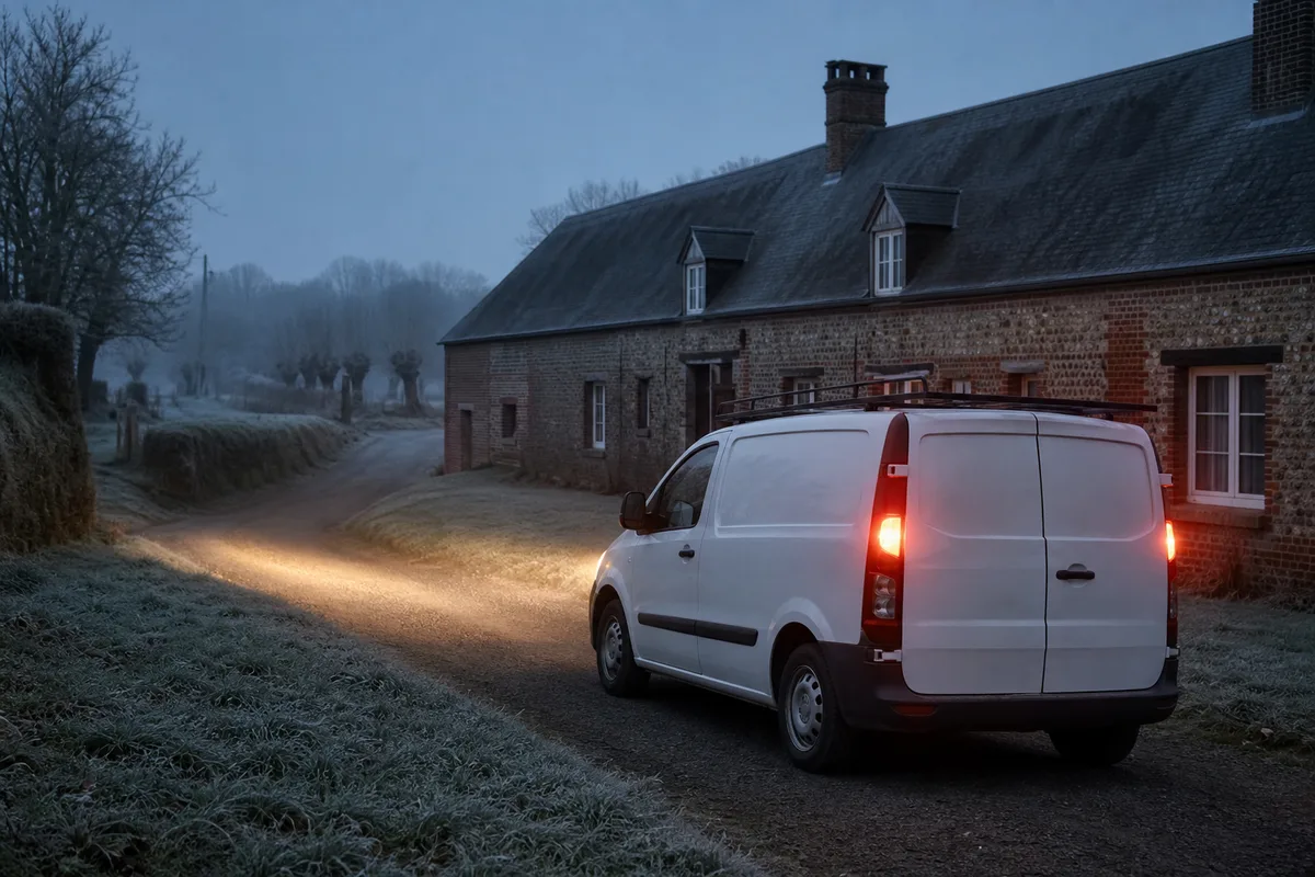 Camionnette d’artisan garée devant une longère cauchoise en brique et silex à l’aube, givre sur la pelouse, phares allumés dans la brume