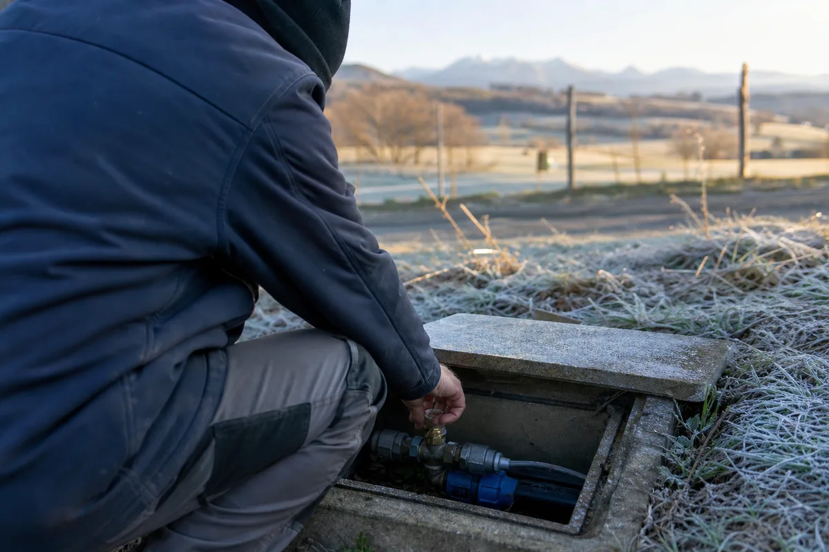Plombier de dos coupant l&rsquo;arrivée d&rsquo;eau au robinet d&rsquo;arrêt général dans un regard extérieur, campagne béarnaise à l&rsquo;aube