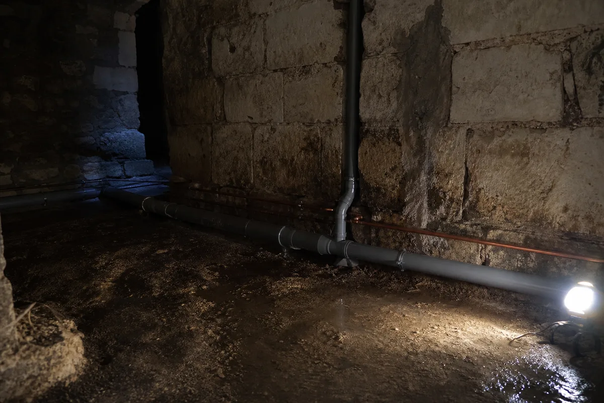 Cave semi-enterrée d&rsquo;une maison de bord de Loire à Chécy, tuyauterie basse et traces d&rsquo;humidité éclairées par une lampe de travail