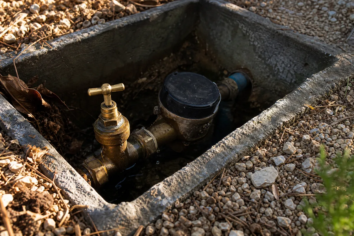 Compteur d&rsquo;eau et robinet d&rsquo;arrêt général au fond d&rsquo;un regard, filet d&rsquo;eau sur le raccord laiton, lumière rasante de fin de journée