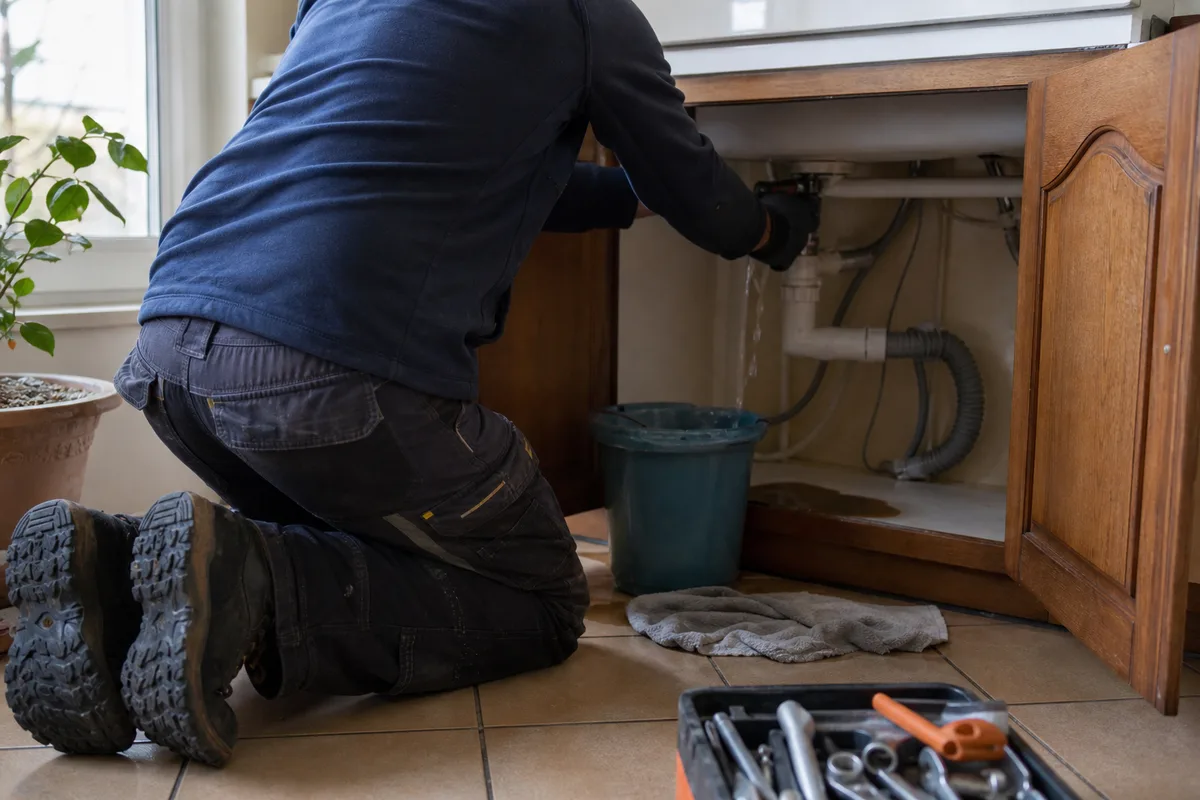 Intervention de plomberie d&rsquo;urgence dans une maison de bourg ancienne du vignoble nantais, robinet d&rsquo;arrêt manœuvré à la lampe