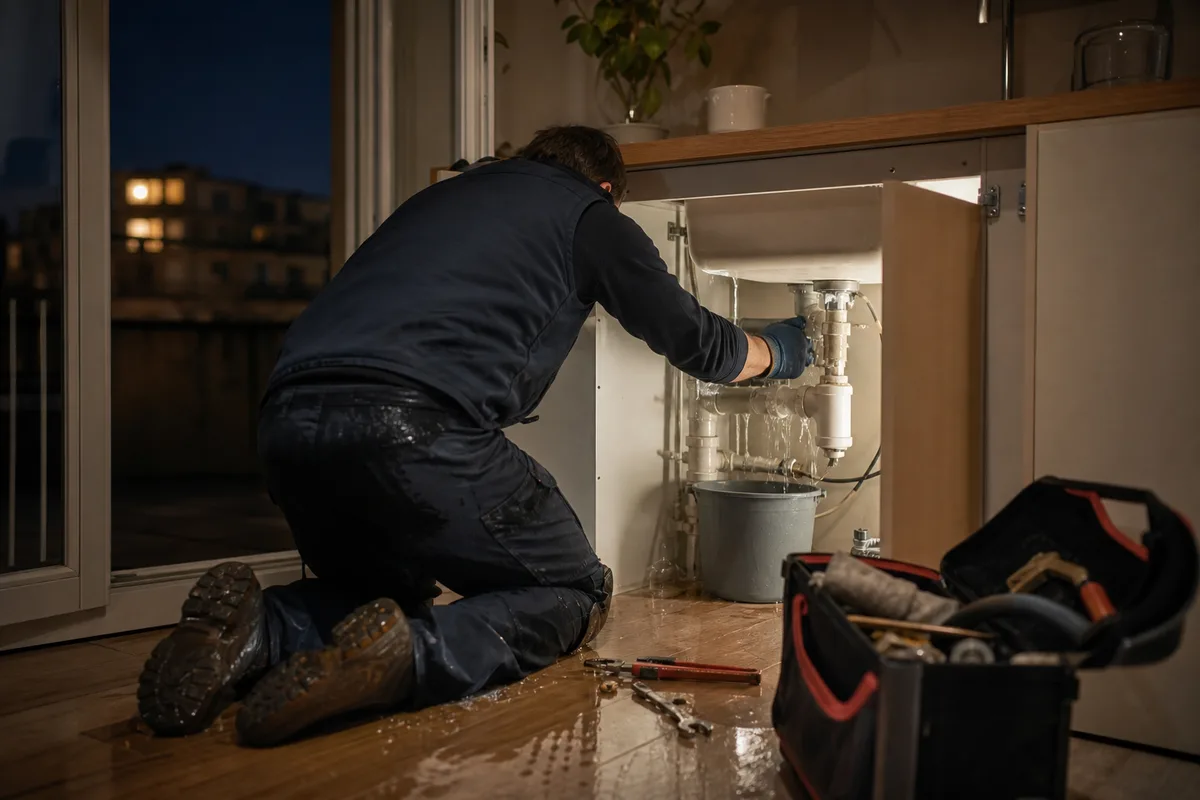 Plombier d&rsquo;astreinte fermant le robinet d&rsquo;arrêt général sous un évier la nuit, lampe frontale et clé à molette, ambiance technique contrastée