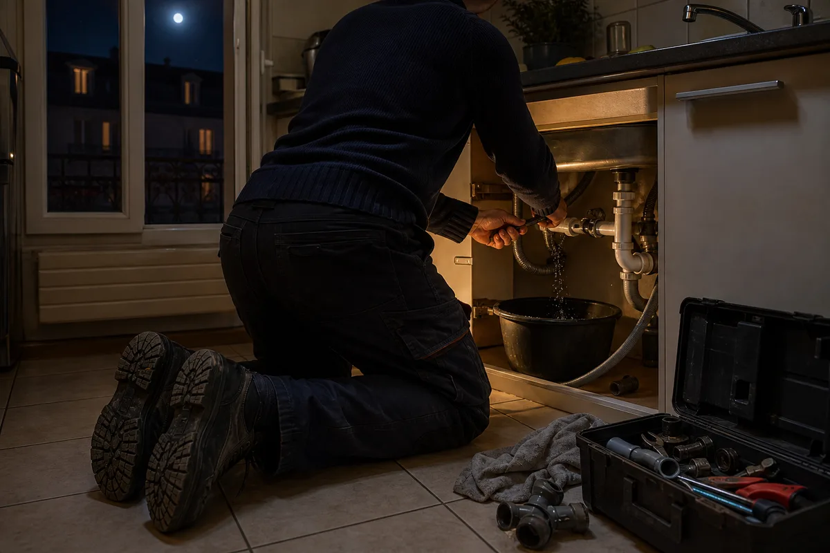 Détail de raccords cuivre et d&rsquo;un chauffe-eau ouvert lors d&rsquo;un dépannage nocturne, gouttes d&rsquo;eau et lumière rasante, mains gantées vues de dos