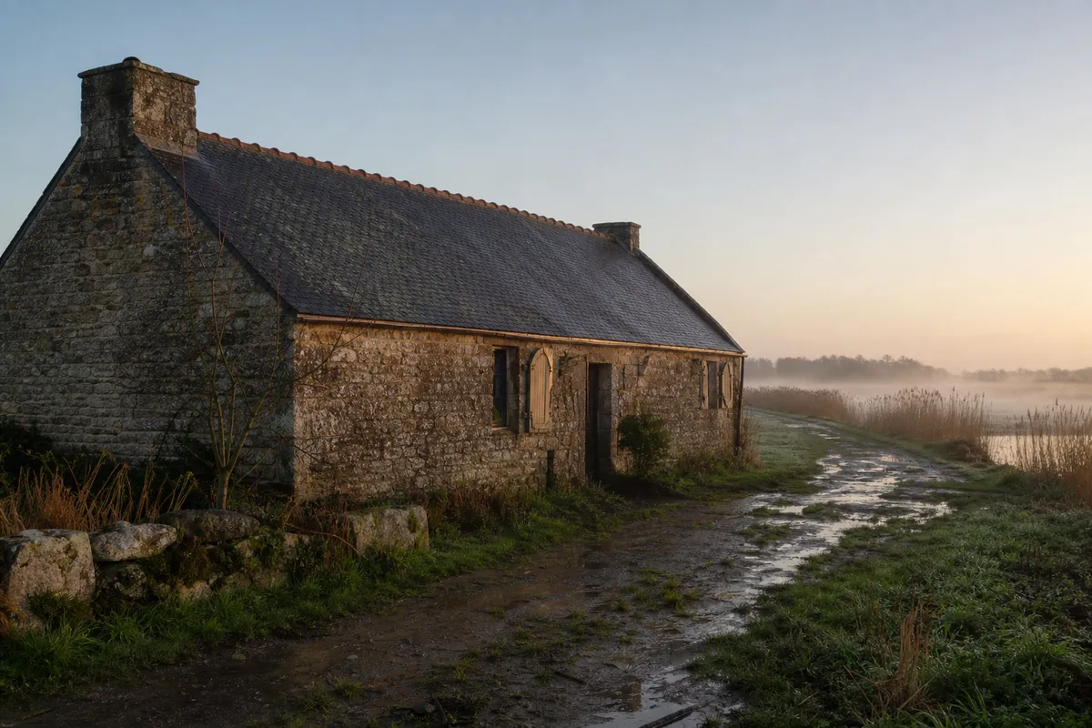 Longère en pierre aux abords du marais de Brière, façade humide sous une lumière basse