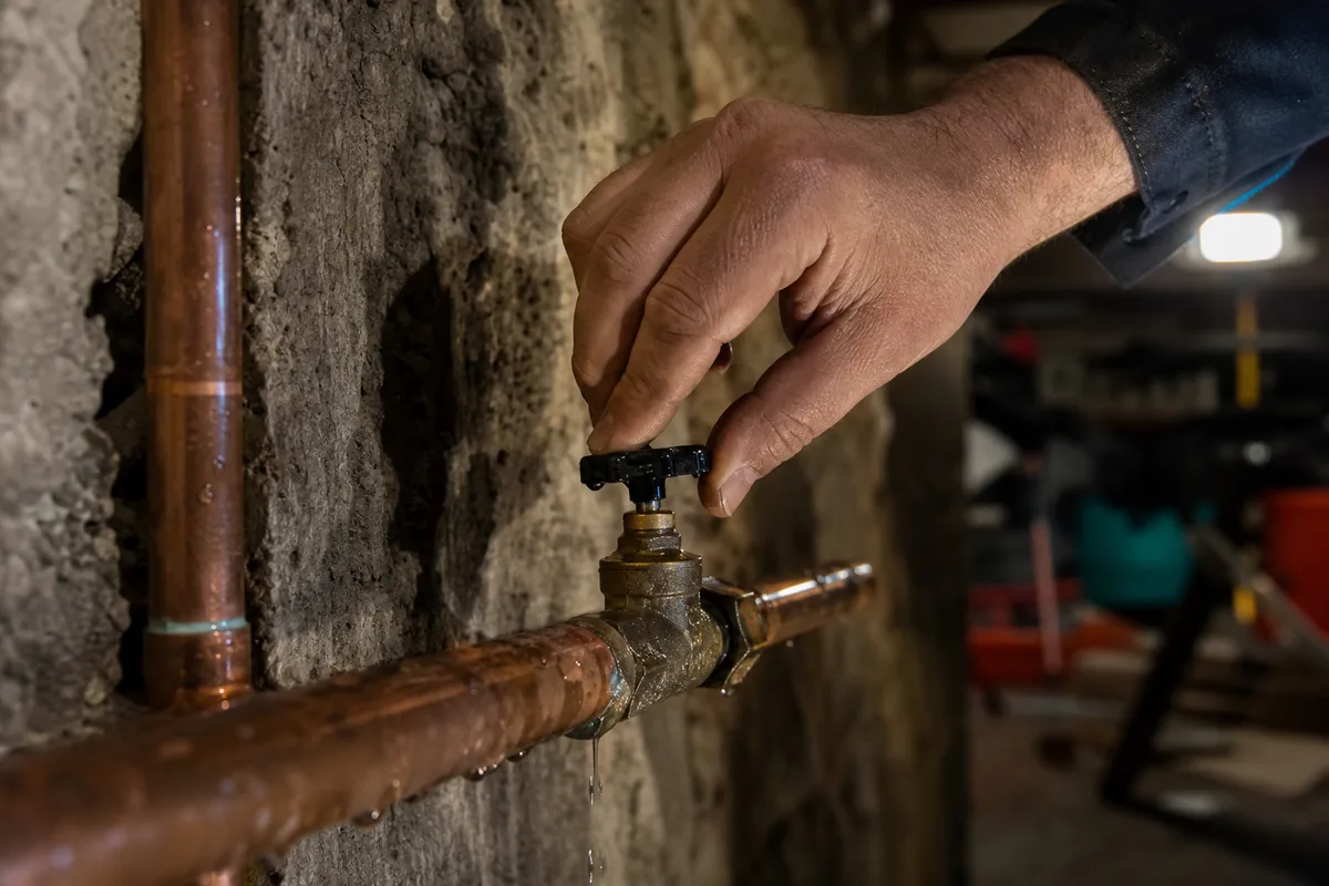 Main fermant le robinet d&rsquo;arrêt général de l&rsquo;eau dans une cave de longère