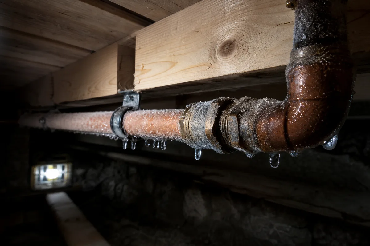 Canalisation en cuivre givrée courant le long d&rsquo;une charpente en bois dans un vide sanitaire de chalet, lampe de travail éclairant les raccords gelés