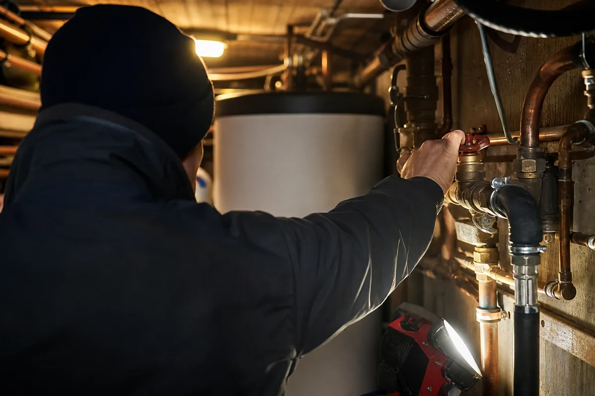 Plombier de dos coupant l&rsquo;arrivée d&rsquo;eau au robinet d&rsquo;arrêt général dans le local technique d&rsquo;un chalet, tuyaux cuivre et ballon d&rsquo;eau chaude à l&rsquo;arrière-plan