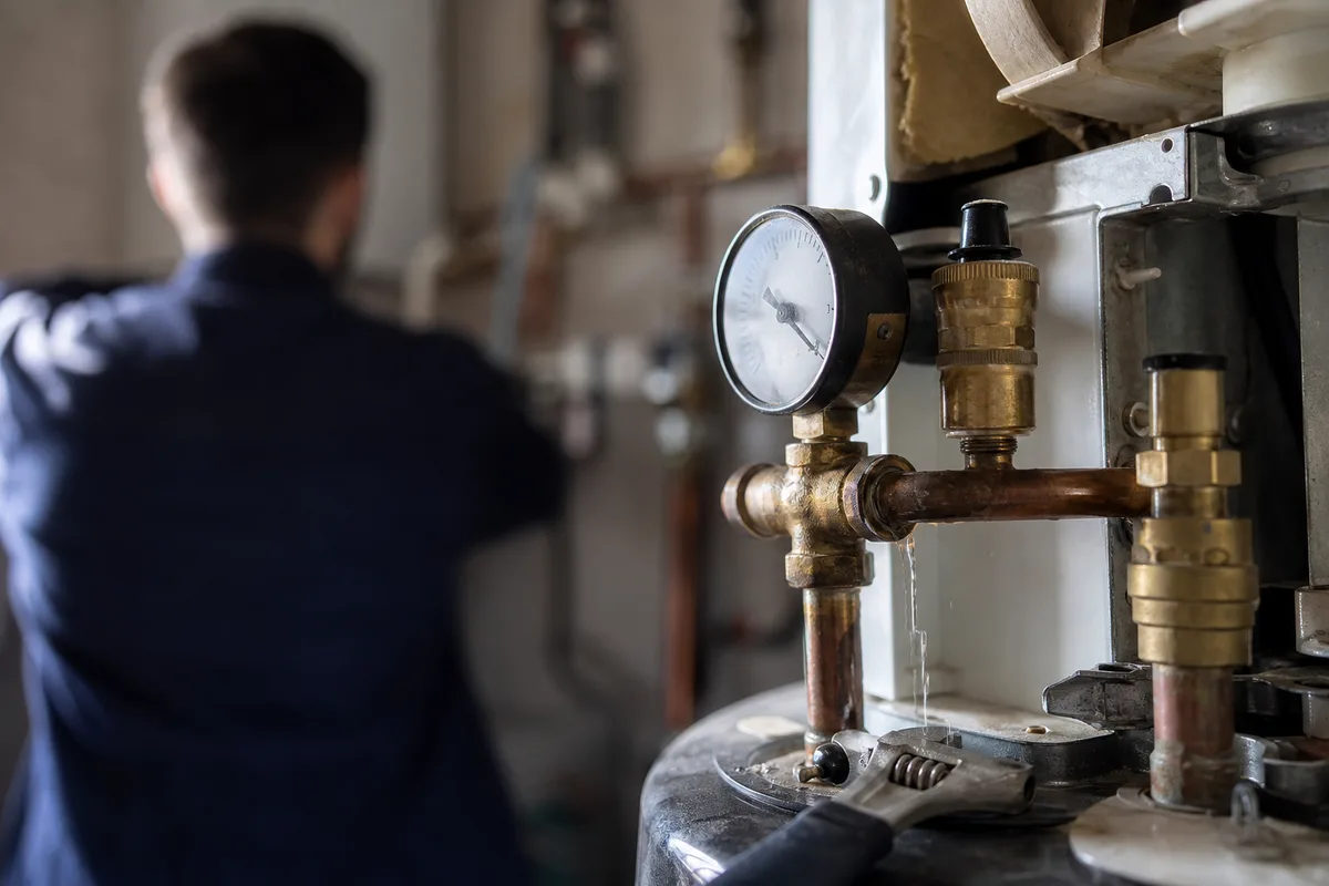 Manomètre et raccords en cuivre lors d&rsquo;un contrôle de chauffe-eau la nuit