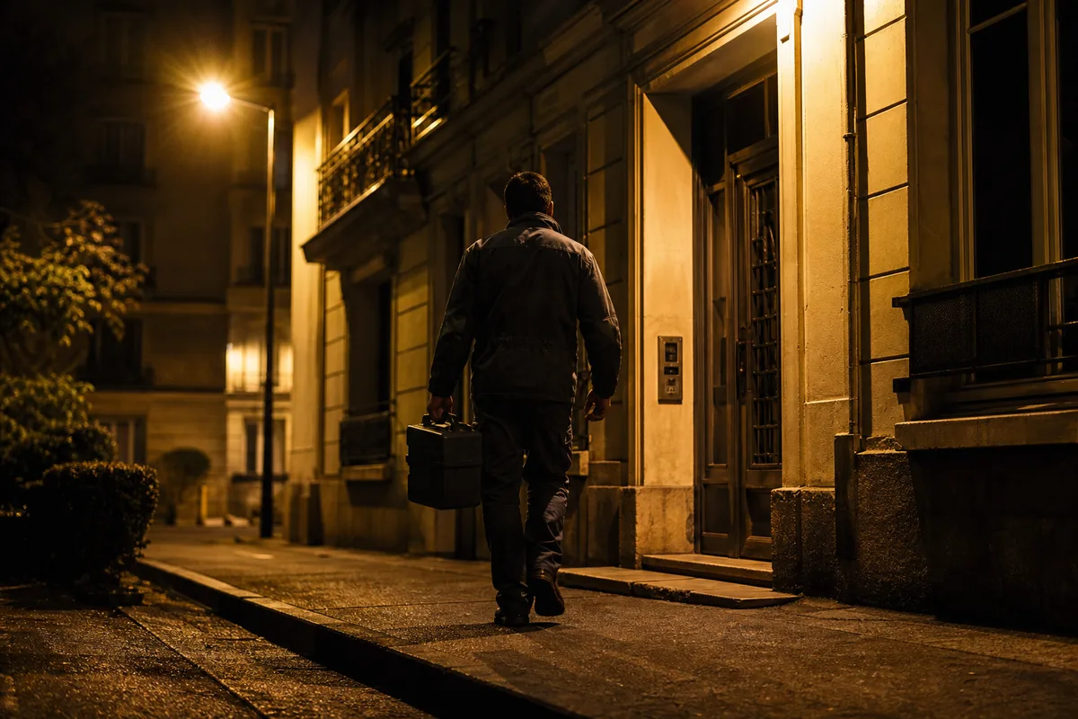 Mains d’un artisan plombier arrivant de nuit avec sa caisse à outils, éclairage de rue en contre-jour