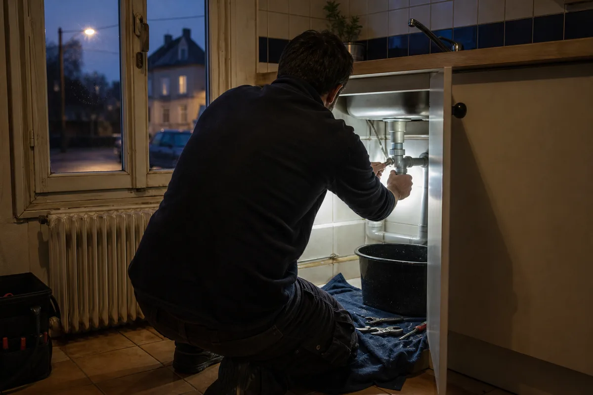 Main coupant l’arrivée d’eau au robinet d’arrêt général pendant une fuite
